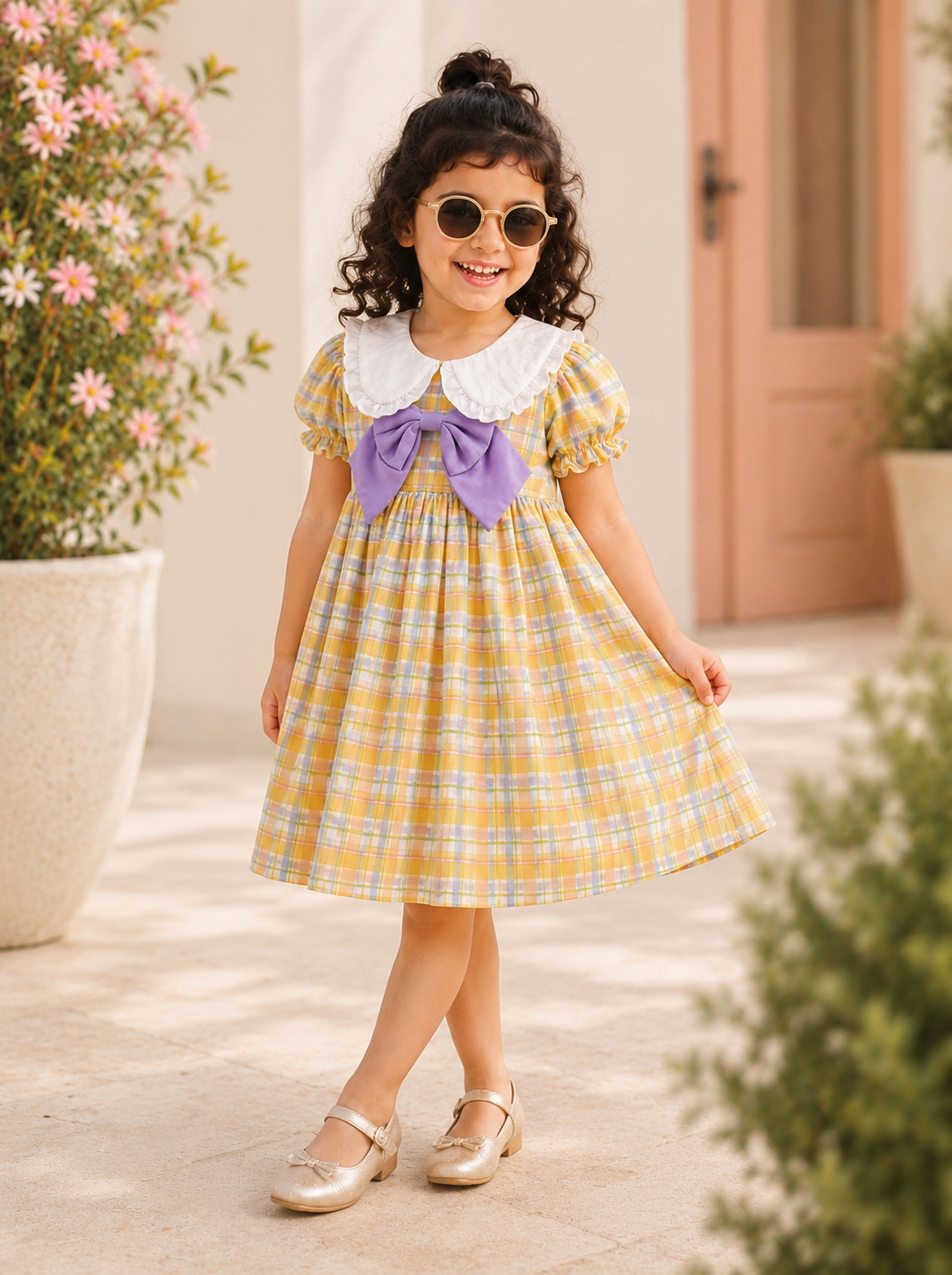 Plaid Puff Sleeve Dress with Peter Pan Collar