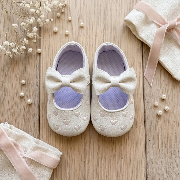 White Embroidered Heart Bow Mary Janes