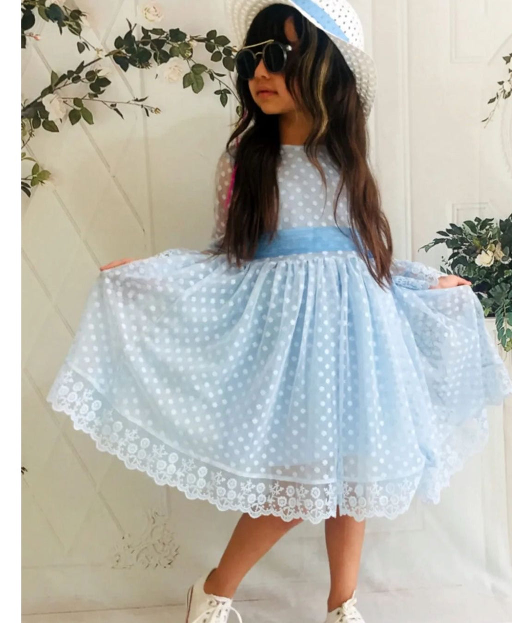 White & Blue Polka Dot Tulle Party Dress for Girls
