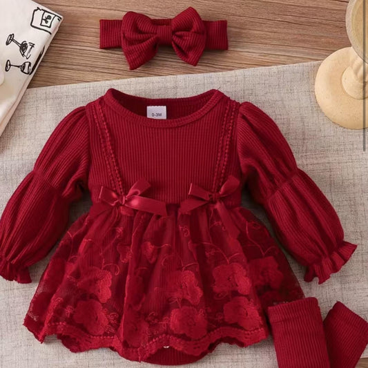 Full Sleeve Red Romper with Headband and Socks