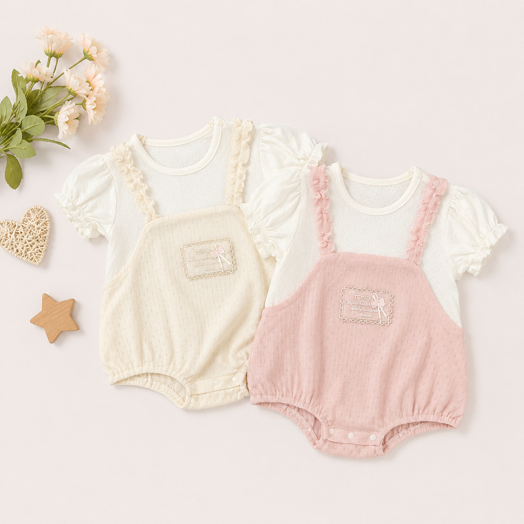 Dusty Pink Overall Romper with White Top, 2 Piece Set