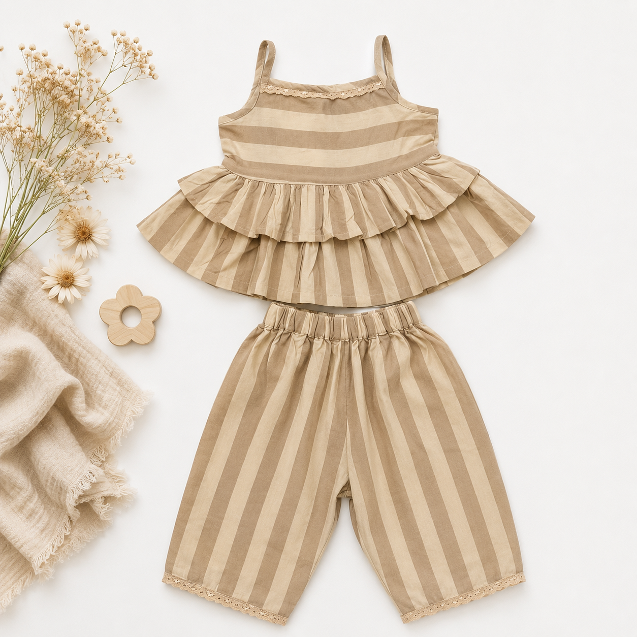 Beige Striped Muslin Co-ord Set for Baby Girls | Ruffle Top & Pants Set