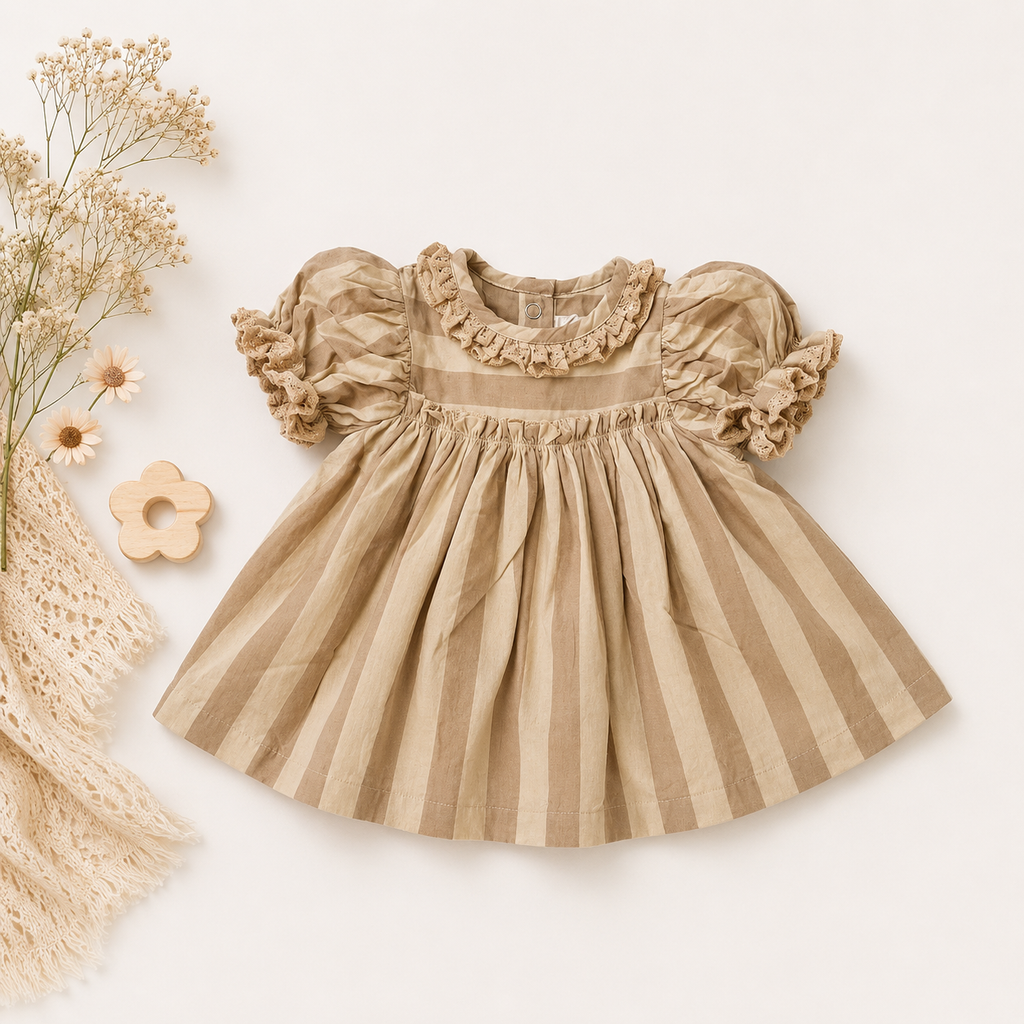 Beige Striped Baby Girl Dress | Puff Sleeve Cotton Dress for Girls (0–2 Years)