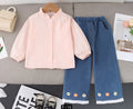 Girls Embroidered Flower Top & Denim Pants Set