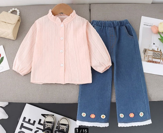 Girls Embroidered Flower Top & Denim Pants Set