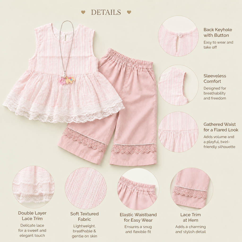 Eyelet Lace Top & Shorts Set, Pink & Blue