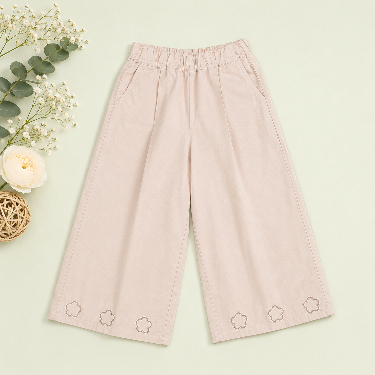Wide-Leg Pants with Eyelet Embroidery, Pink & Grey