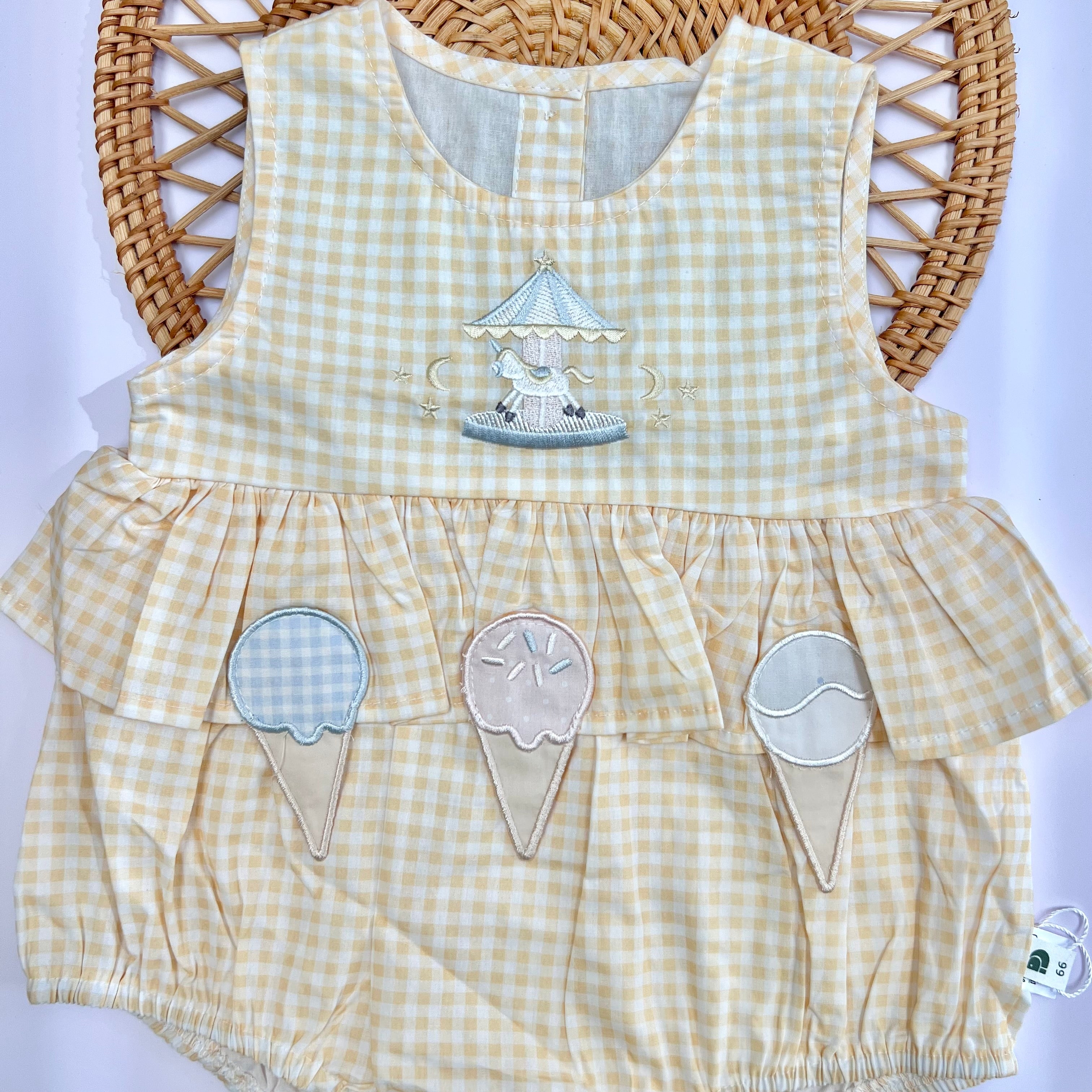 Yellow Gingham Bunting Print Romper with Scalloped Collar