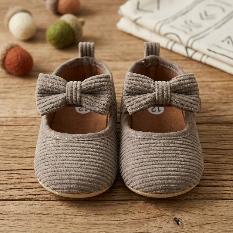 Warm Taupe Ribbed Corduroy Bow Mary Janes