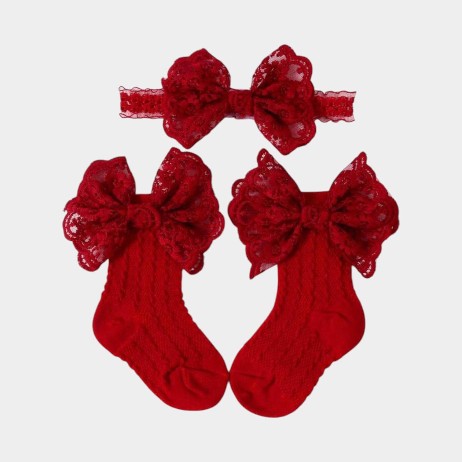 Red Lace Bow Socks & Headband Set for Baby Girls