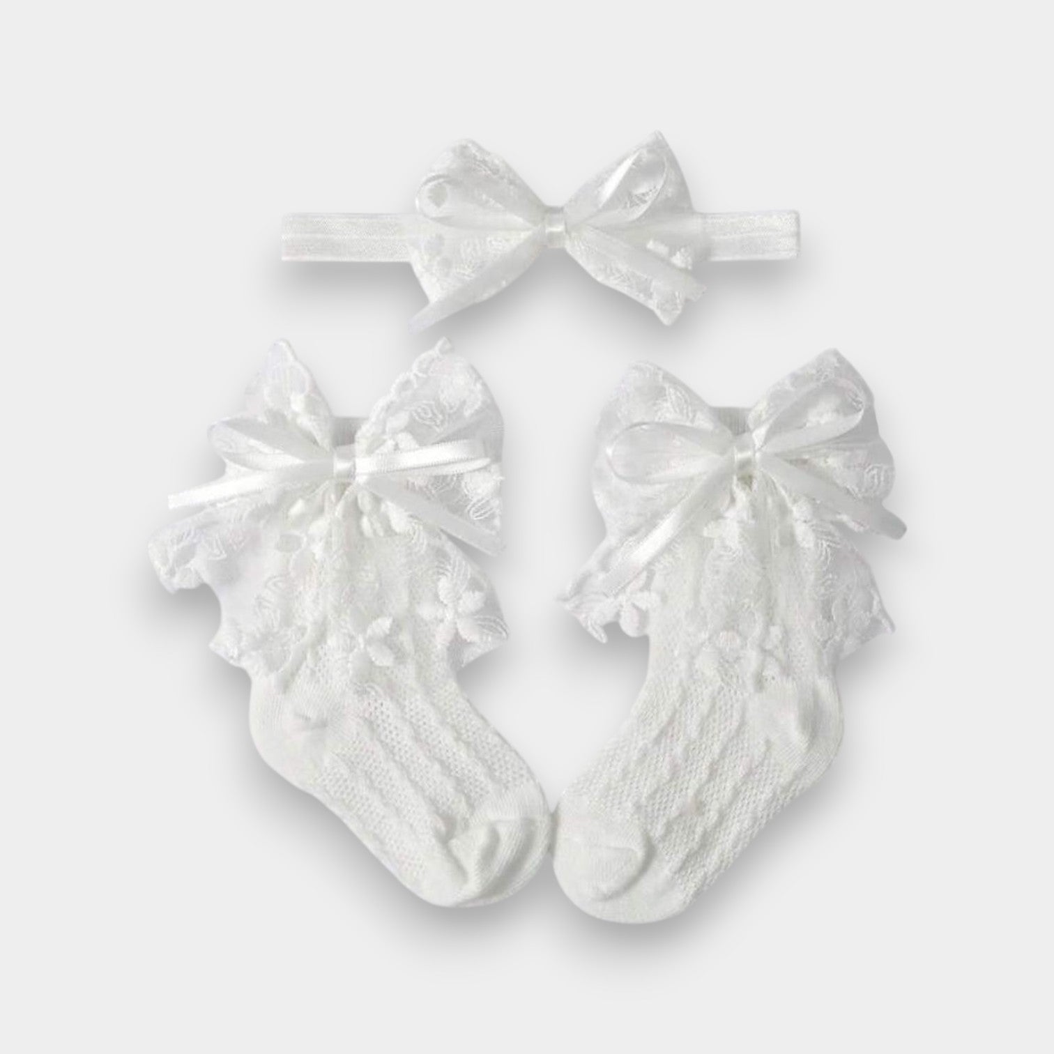White Lace Bow Baby Girl Socks & Headband Set