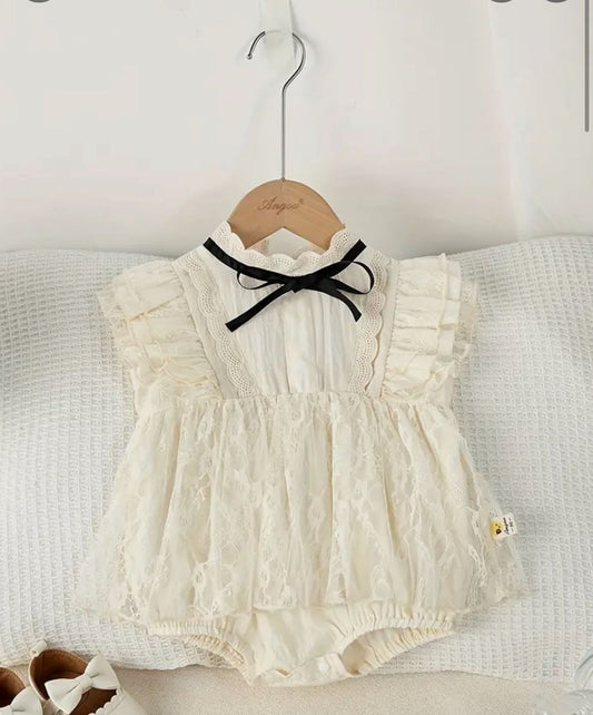 Beige Soft Net Romper with Black Ribbon