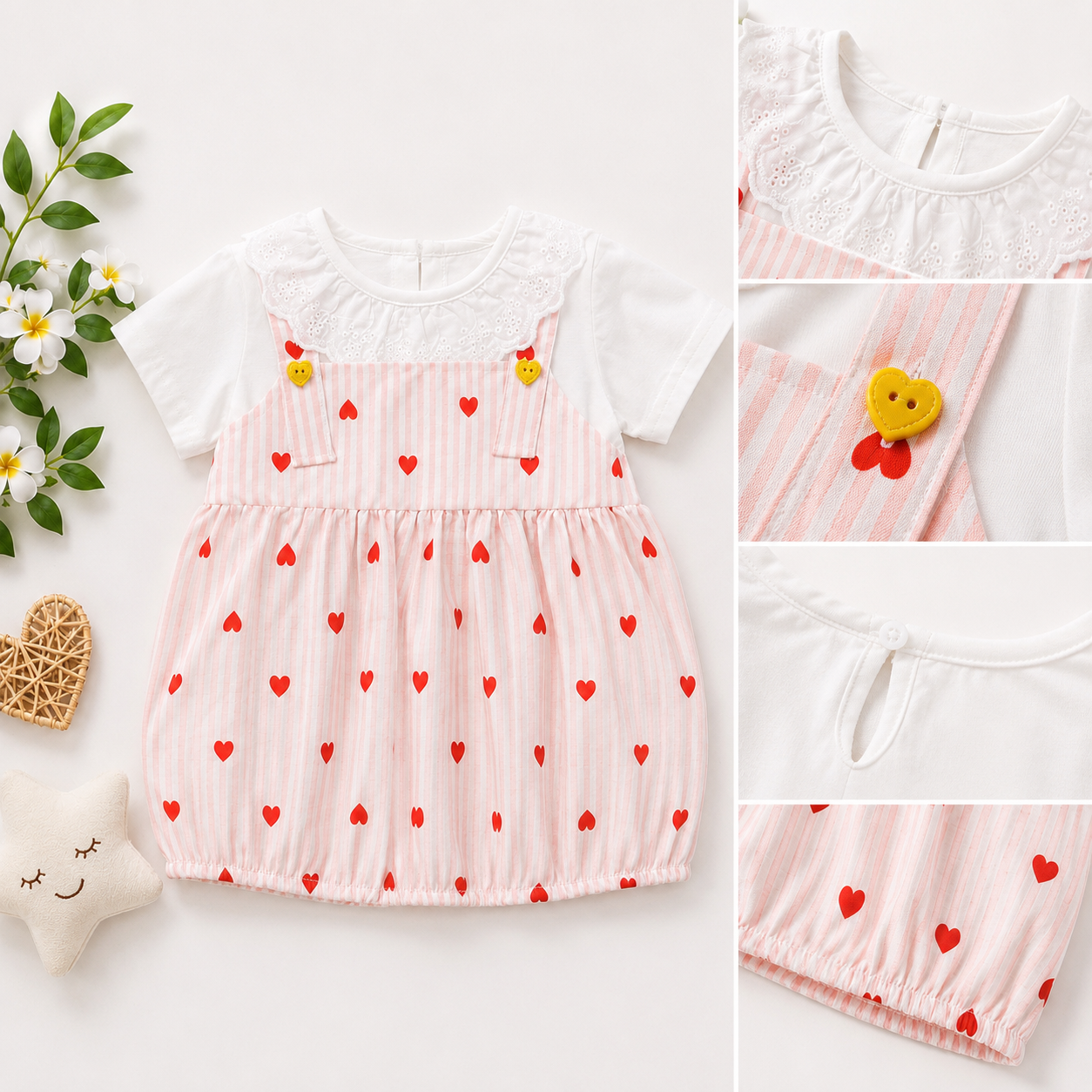 Baby Girls Pink Heart Stripe Bubble Romper Dress with Lace Collar