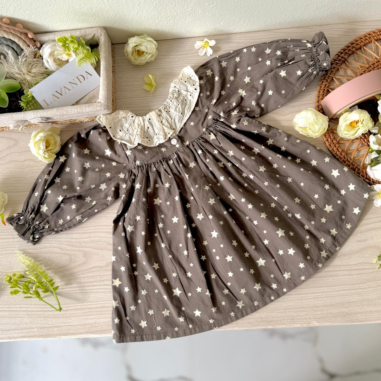 Charcoal Star Print Eyelet Collar Dress