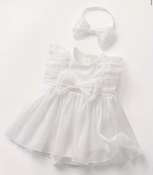 White Baby Party Dress with Bow & Headband | Premium Baby Girl Occasion Wear