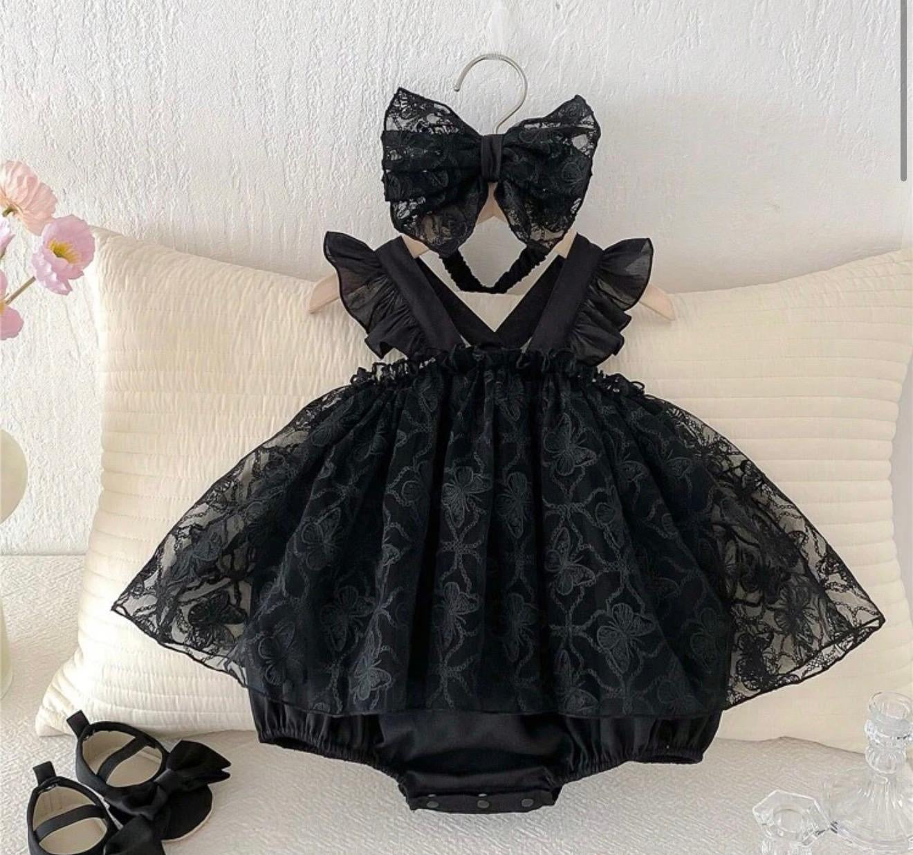 Elegant Black Lace Party Dress for Baby Girls with Bow Headband