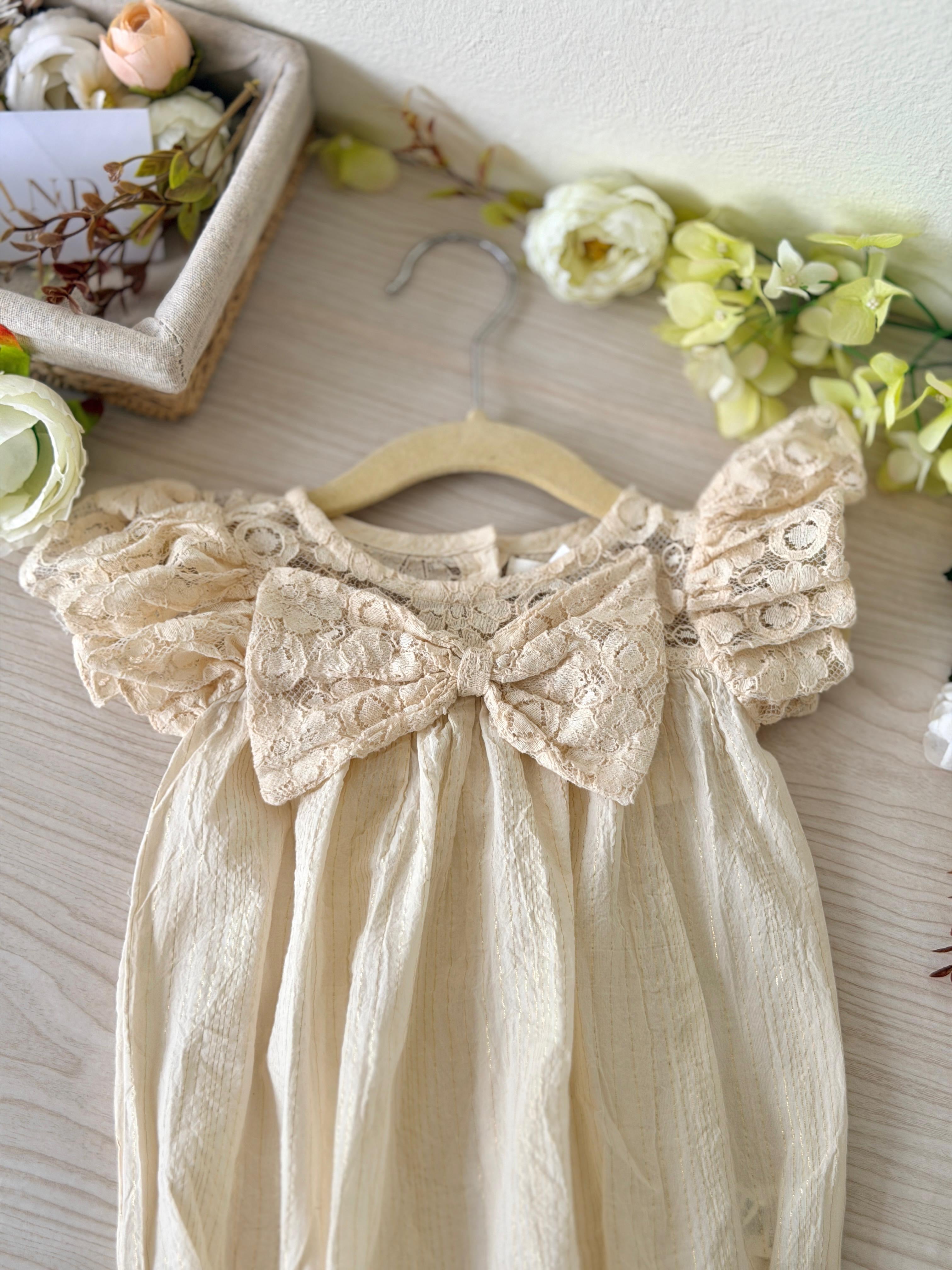 Cream Textured Lace Bow Romper
