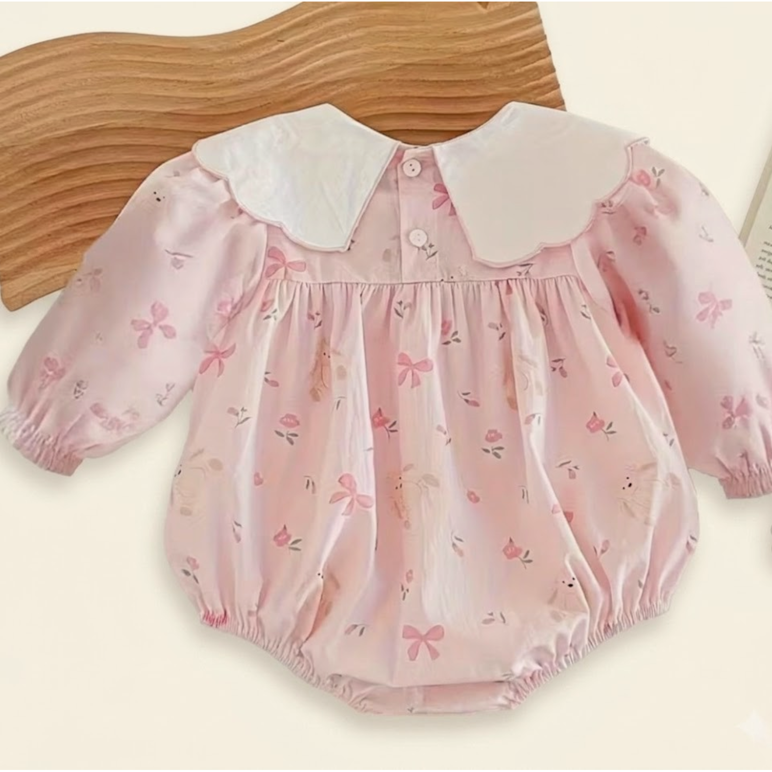 Baby Girl Pink Printed Romper Dress with Bow Collar