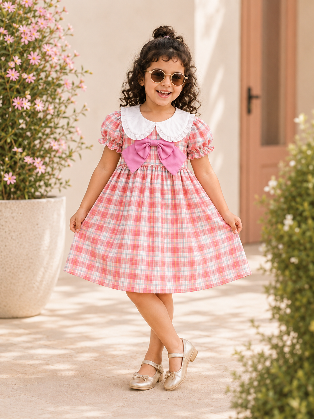 Plaid Puff Sleeve Dress with Peter Pan Collar