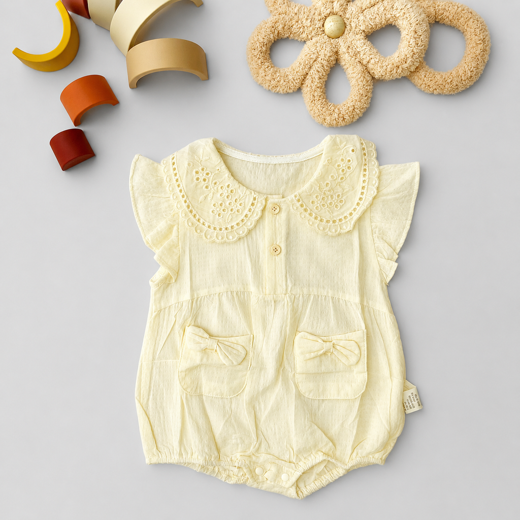 Eyelet Collar Pocket Romper, Cream & Dusty Pink