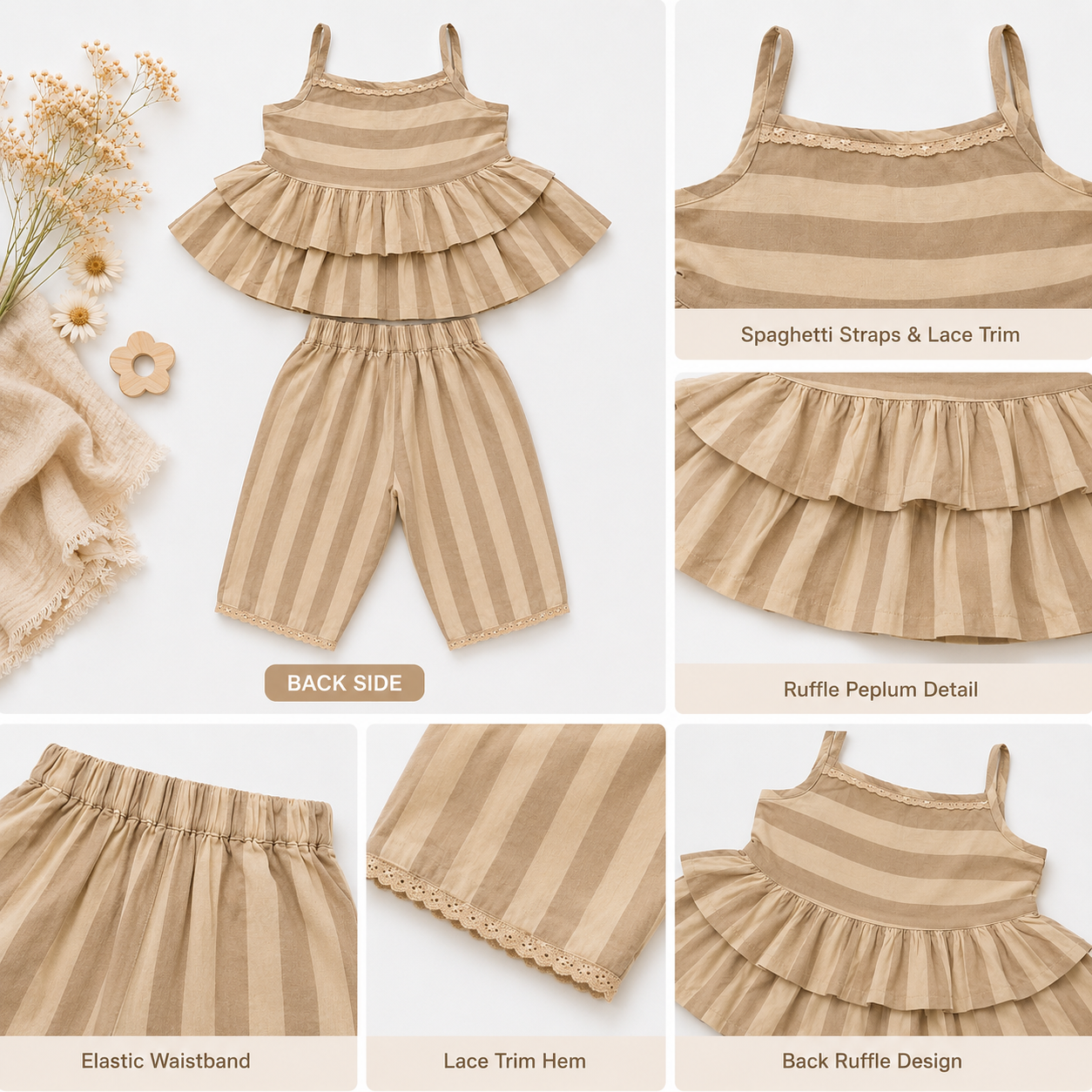 Beige Striped Muslin Co-ord Set for Baby Girls | Ruffle Top & Pants Set
