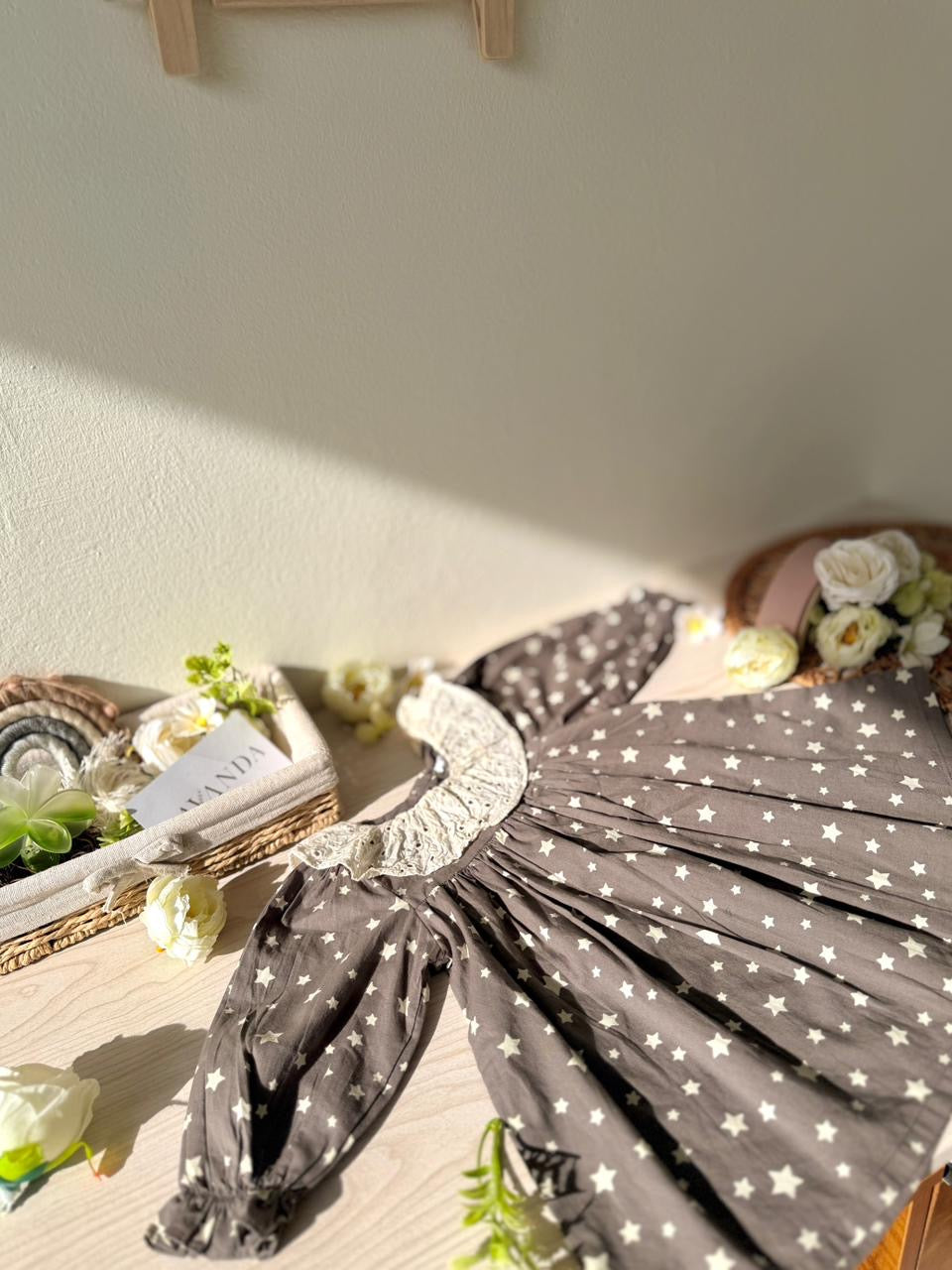 Charcoal Star Print Eyelet Collar Dress