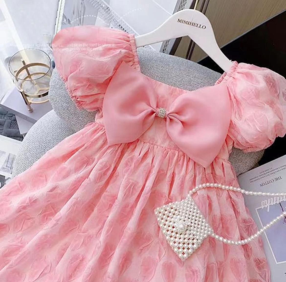 Pink Puff Sleeve Party Dress for Baby Girls