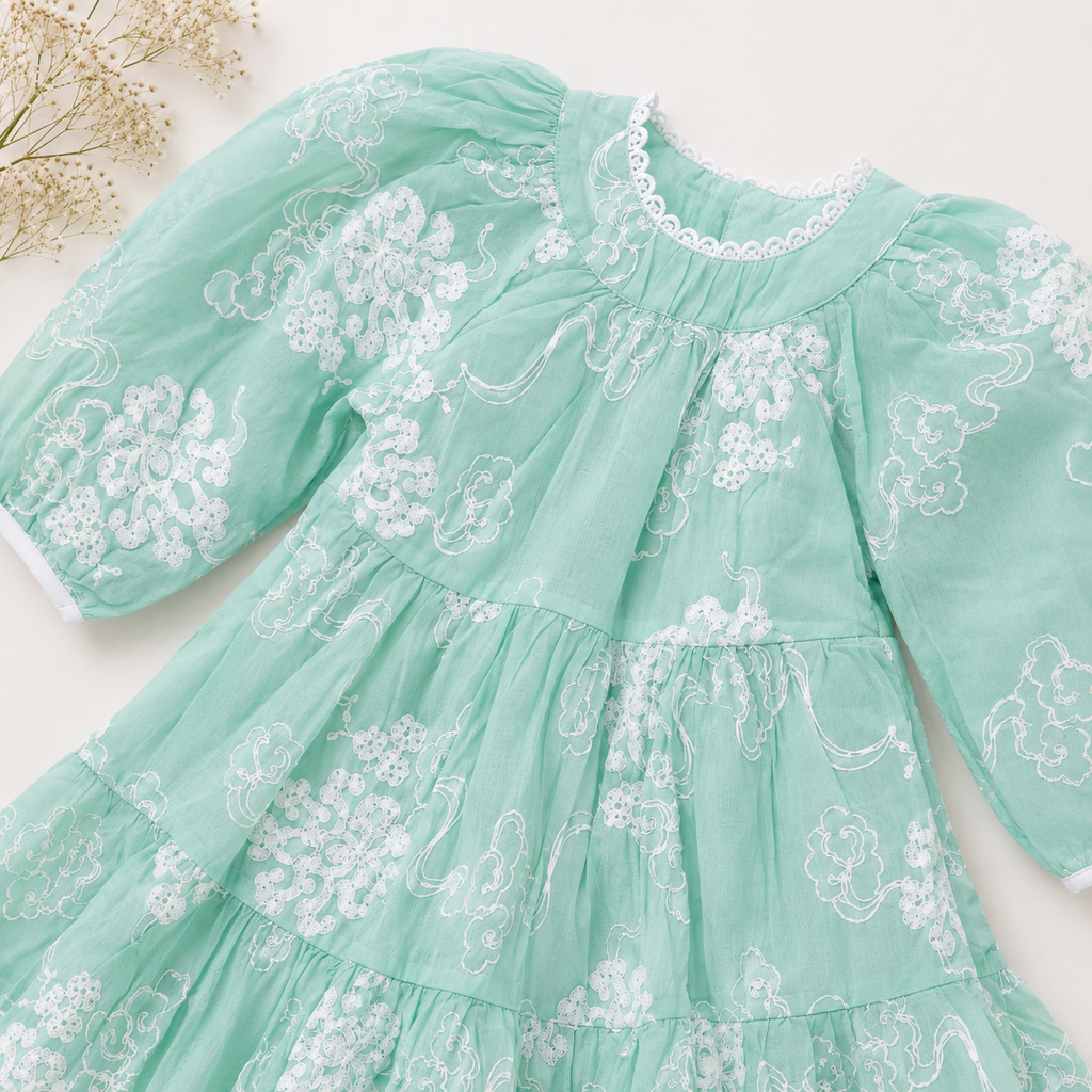 Ethereal Organza Tiered Dress with White Cloud Embroidery