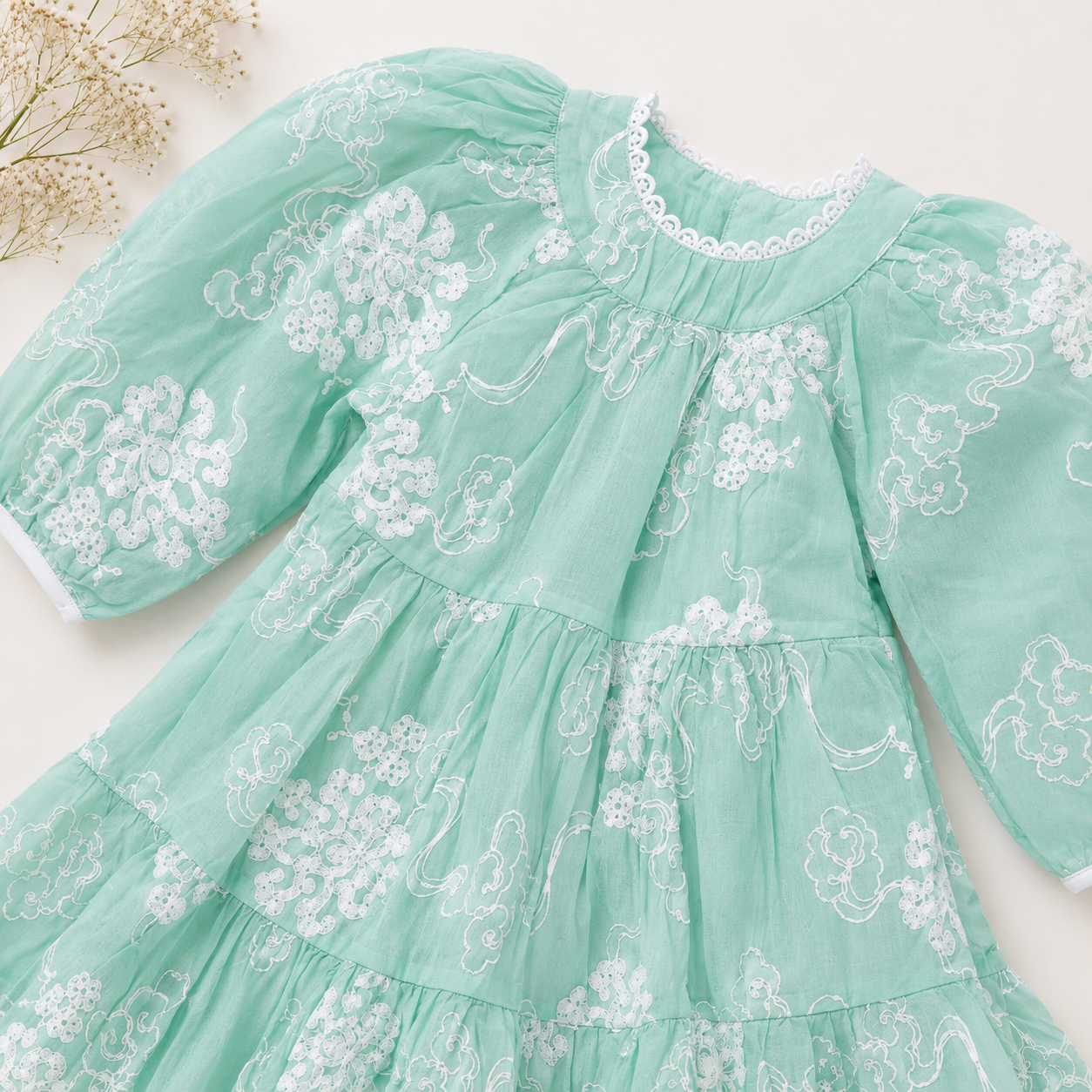 Ethereal Organza Tiered Dress with White Cloud Embroidery