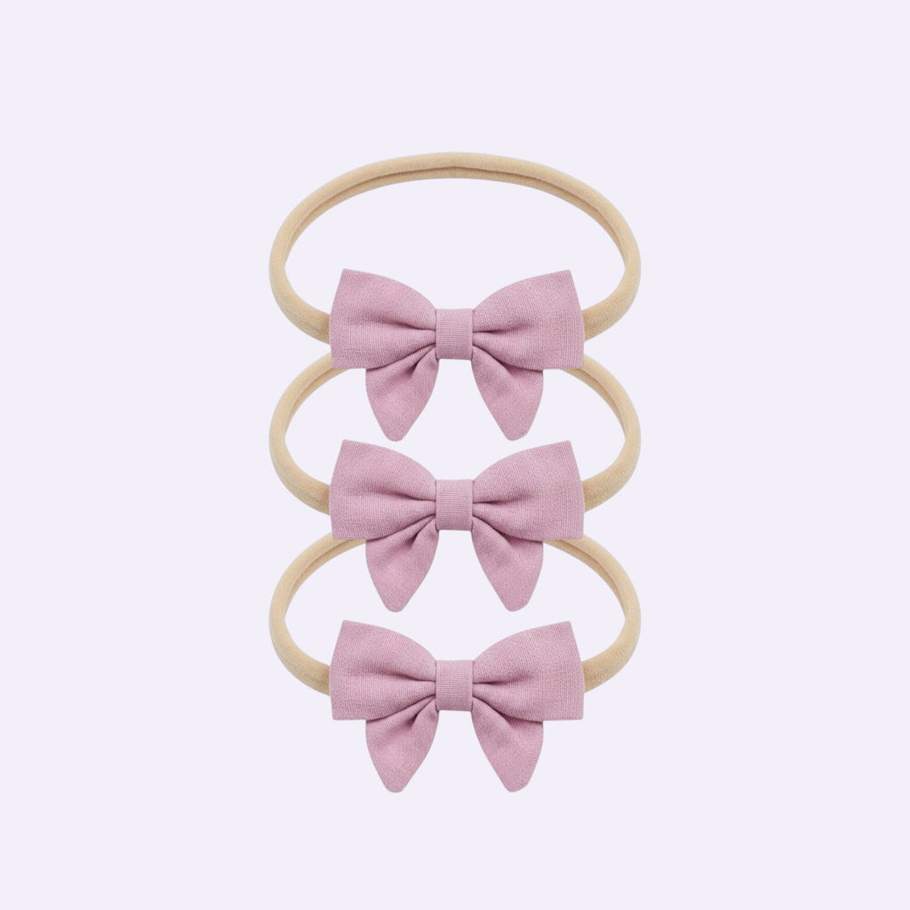 Dusty Rose Linen Sailor Bow Baby Headband – Soft Stretchy Nylon Band for Newborns and Toddlers