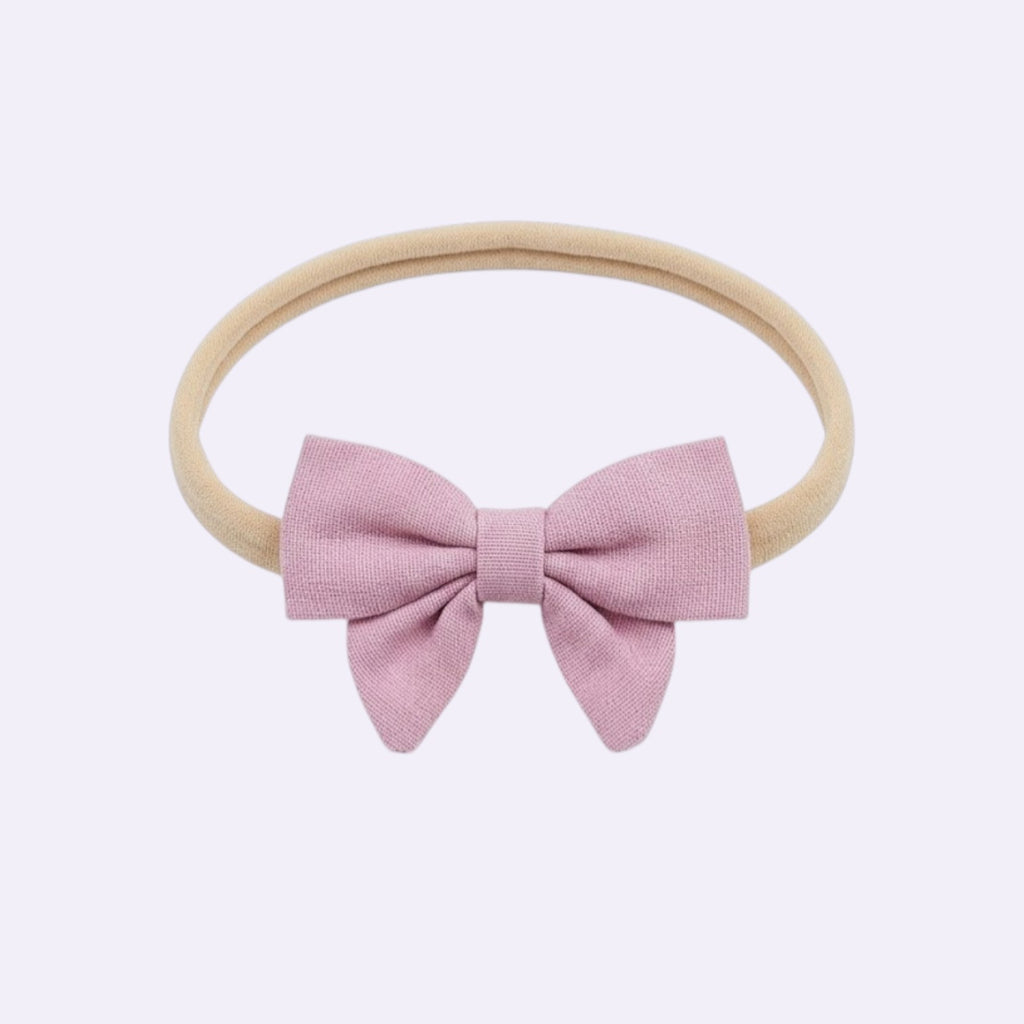 Dusty Rose Linen Sailor Bow Baby Headband – Soft Stretchy Nylon Band for Newborns and Toddlers