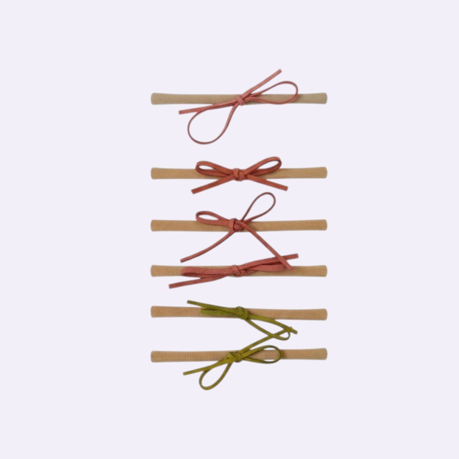 Olive Green and Rust Velvet Skinny Bow Set – 6 Pack of Minimalist Hand-Tied Ribbon Baby Headbands
