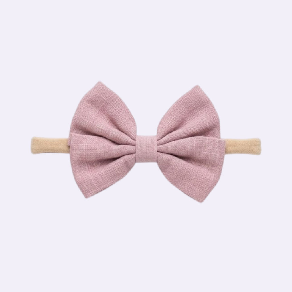 Mauve Linen Butterfly Bow Baby Headband – Soft Stretchy Nylon Band for Newborns and Toddlers