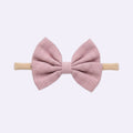Mauve Linen Butterfly Bow Baby Headband – Soft Stretchy Nylon Band for Newborns and Toddlers