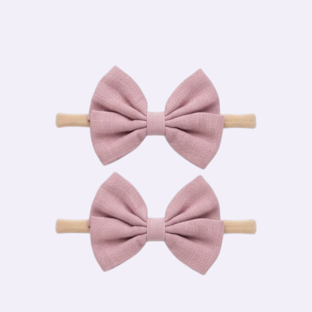 Mauve Linen Butterfly Bow Baby Headband – Soft Stretchy Nylon Band for Newborns and Toddlers