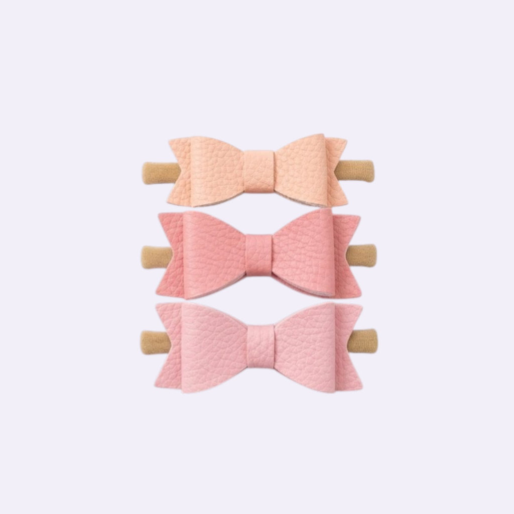 Peach and Pink Faux Leather Bow Set – 3 Pack of Soft Stretchy Nylon Baby Headbands