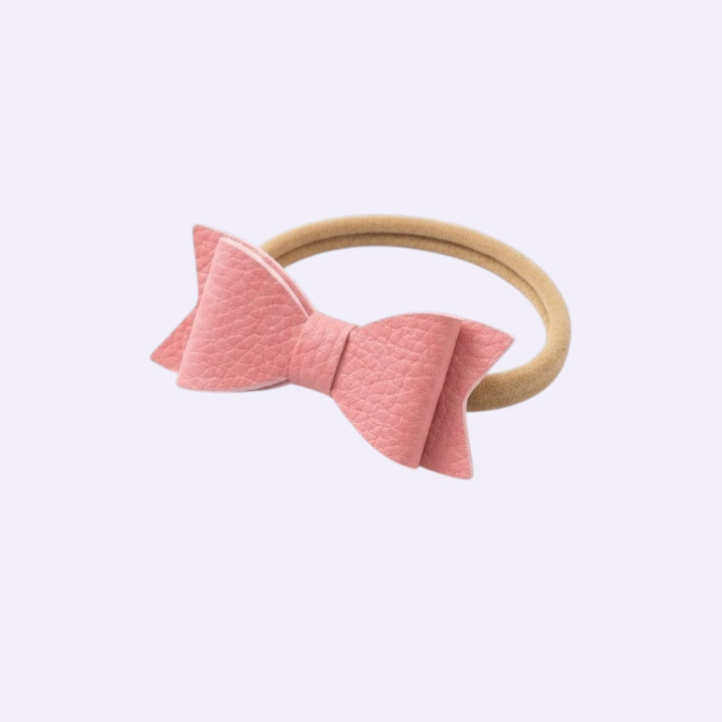 Peach and Pink Faux Leather Bow Set – 3 Pack of Soft Stretchy Nylon Baby Headbands