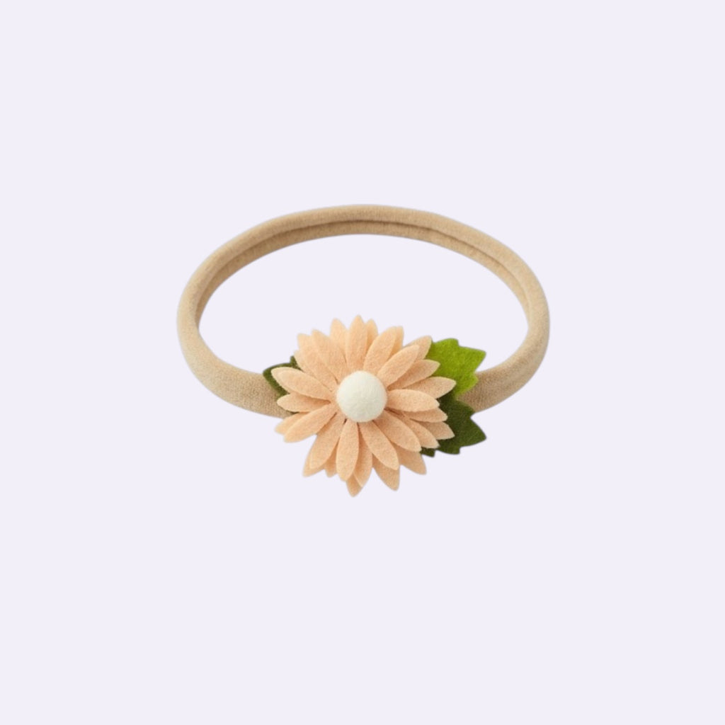 Peach Felt Sunflower Baby Headband – Soft Stretchy Nylon Band for Newborns and Toddlers