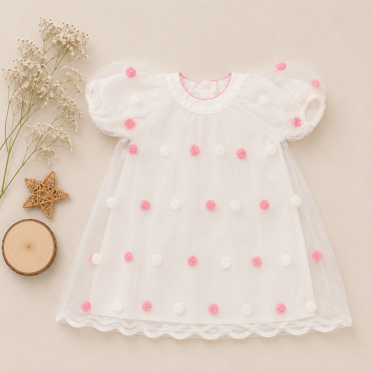 Polka Dot Tulle Overlay Frock, Blue & Pink