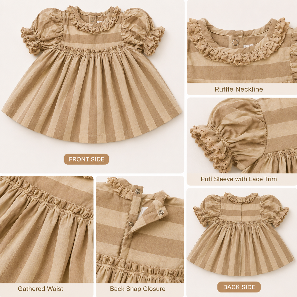 Beige Striped Baby Girl Dress | Puff Sleeve Cotton Dress for Girls (0–2 Years)