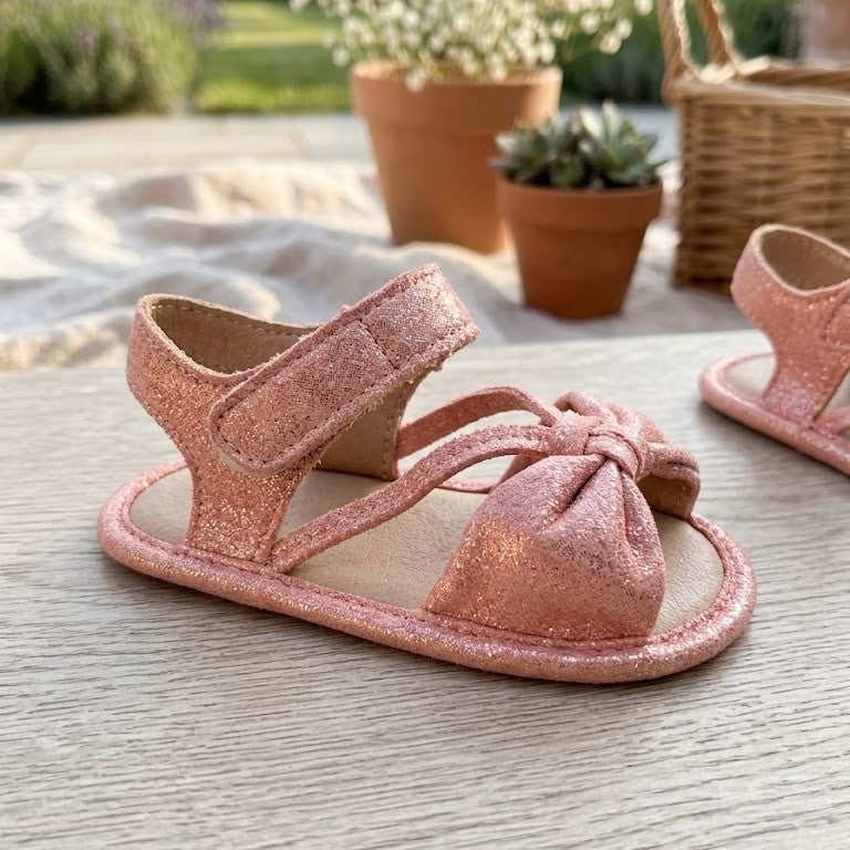 Shimmering Rose Pink Strappy Bow Sandals