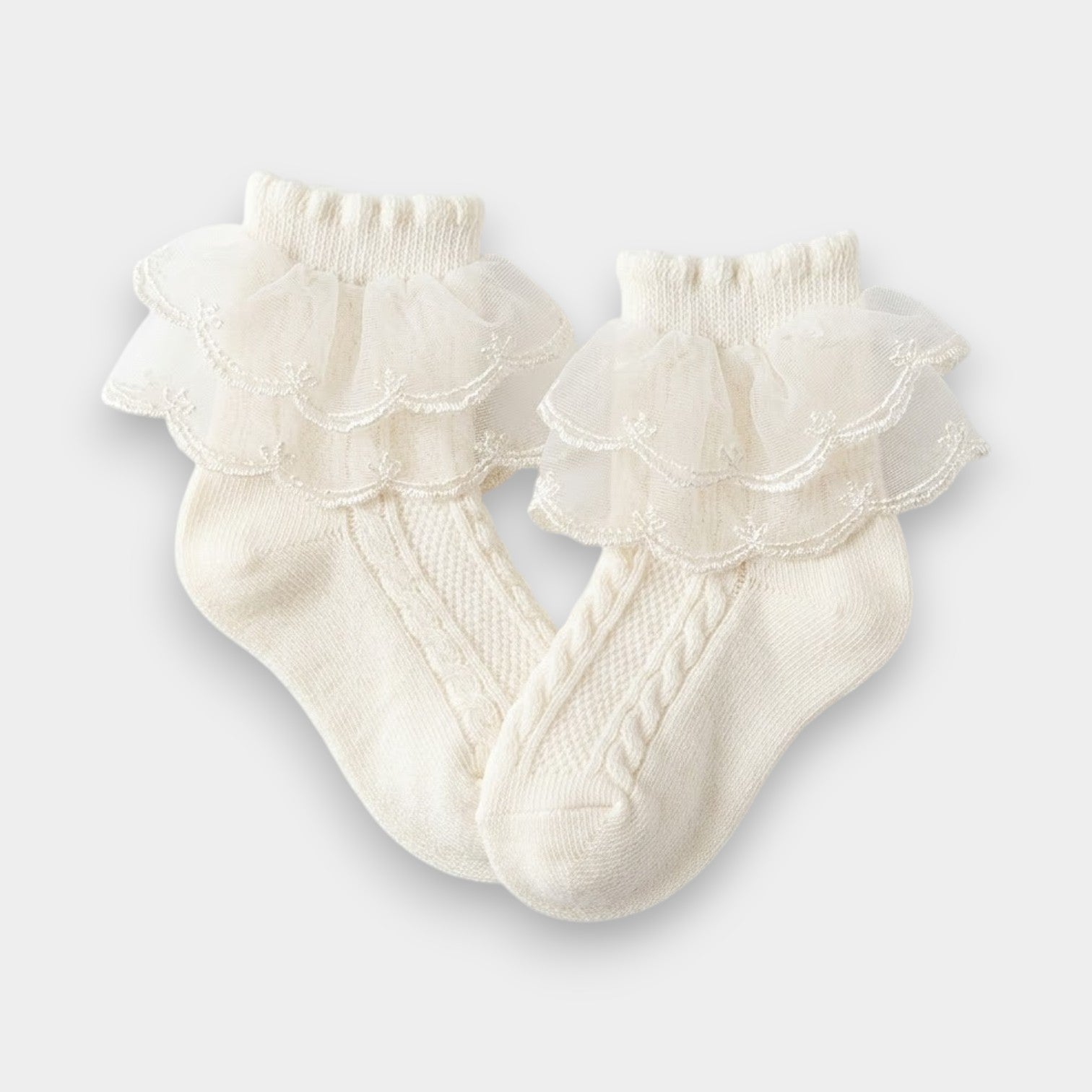 Angelic Heirloom Cable-Knit & Scalloped Tulle Socks