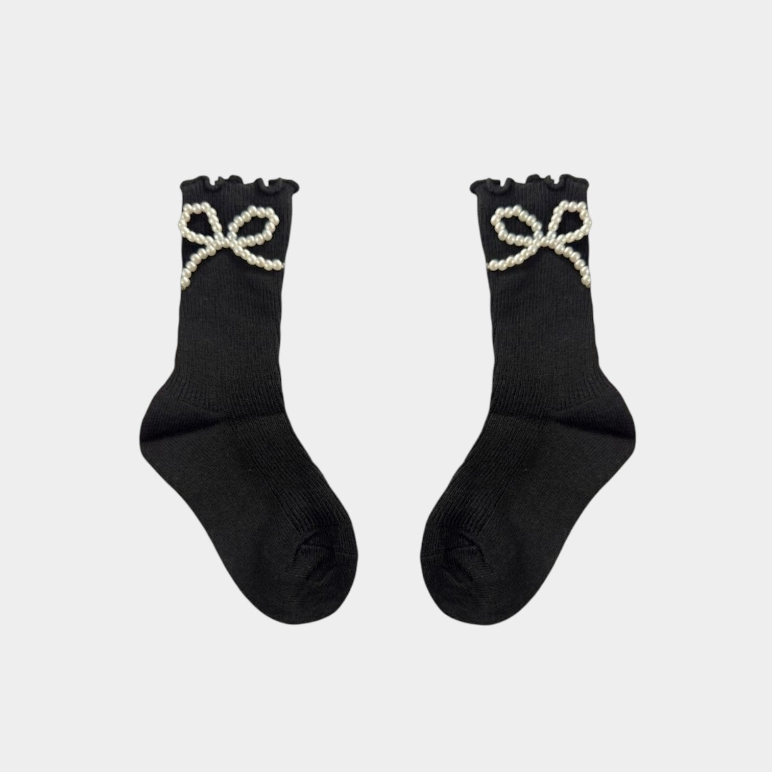 Midnight Elegance Pearl Bow Scalloped Socks