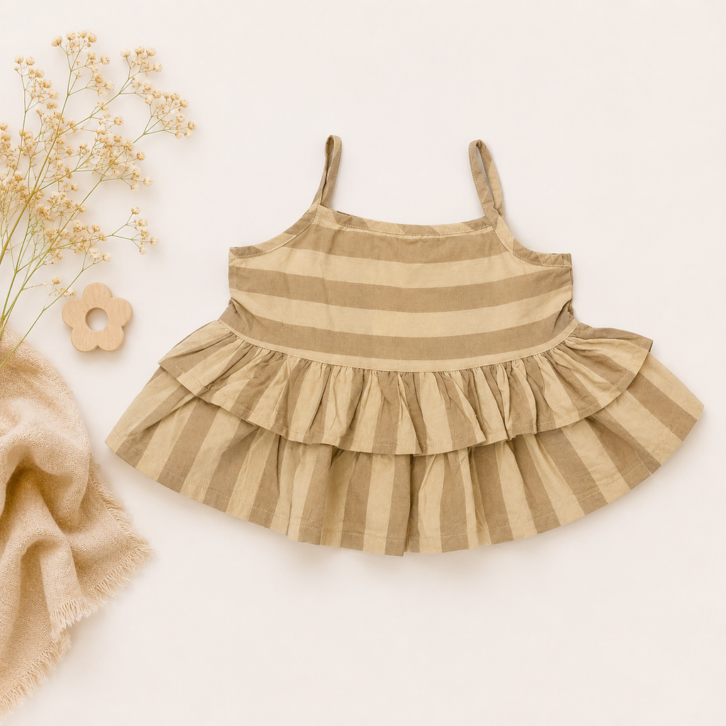 Beige Striped Muslin Co-ord Set for Baby Girls | Ruffle Top & Pants Set