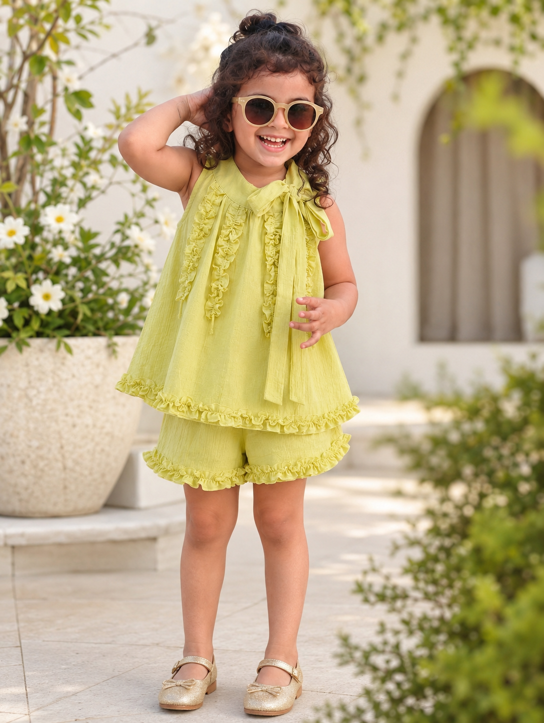 Lace Collar Ruffle Top, Beige & Yellow