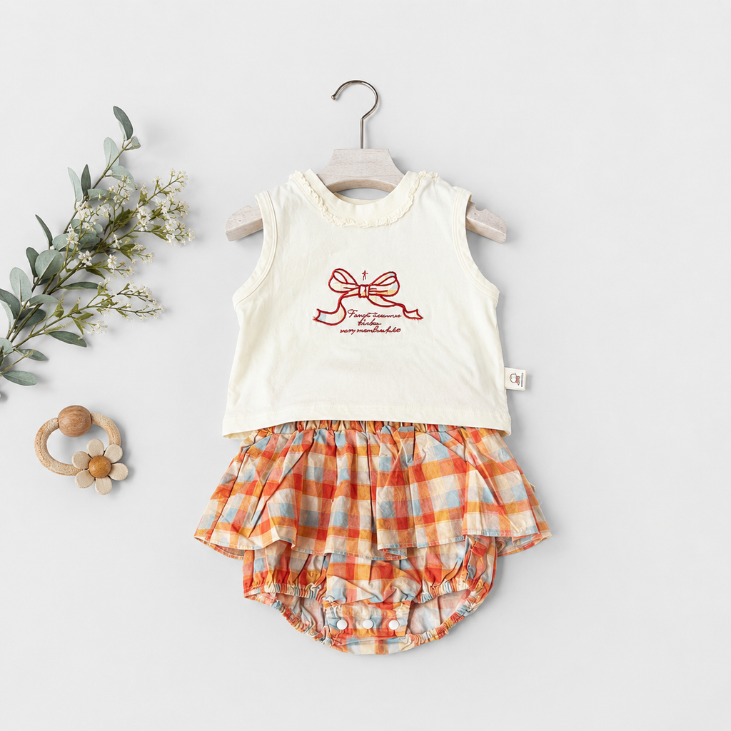 Cream Bow Tank & Plaid Bloomer Set