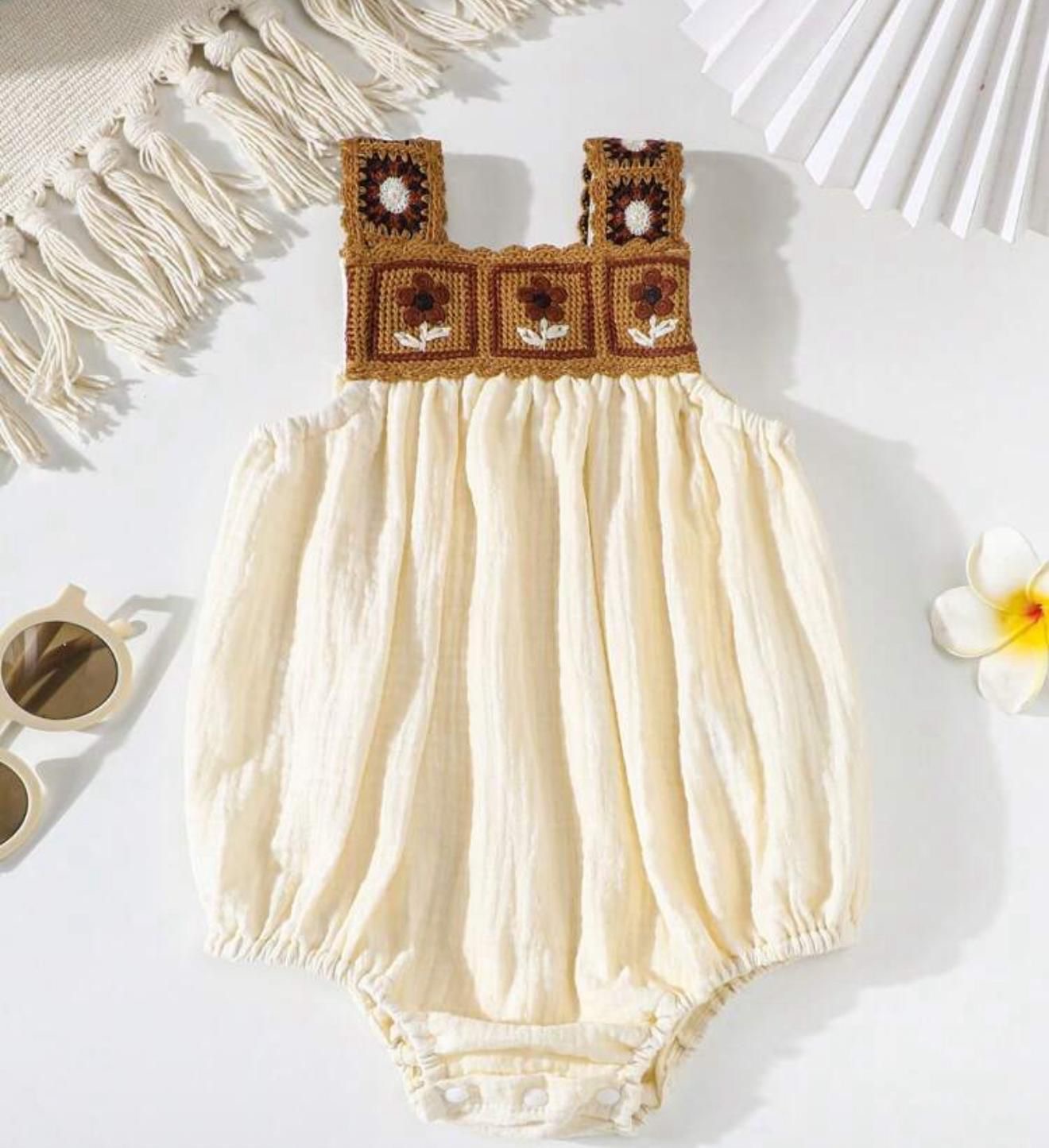 Handmade Crochet Baby Girl Romper – Cotton Muslin
