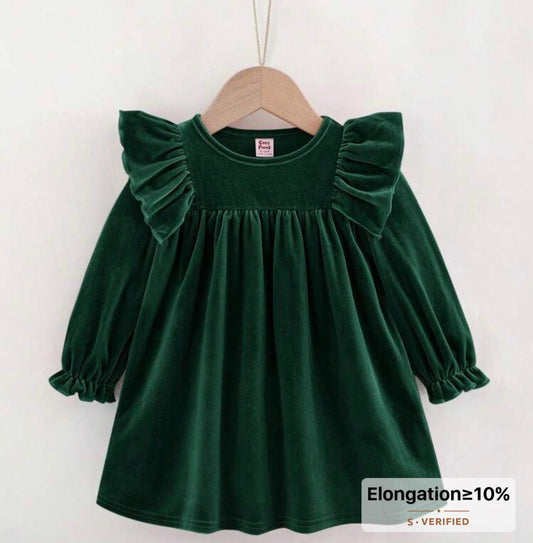 Forest Green Velvet Party Dress for Baby Girls with Ruffle Sleeves