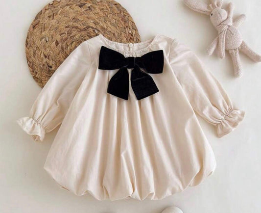 Ivory Long Sleeve Baby Girl Romper with Velvet Bow