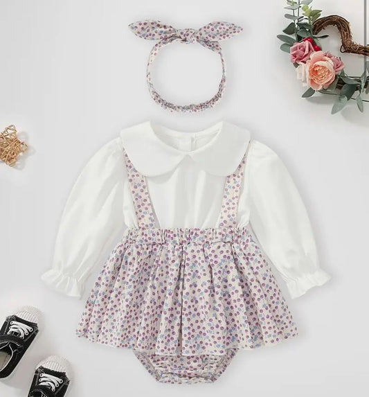 Floral Suspender Baby Romper Set with Headband | Premium Baby Girl Partywear